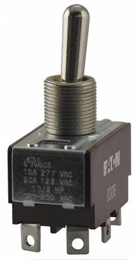 EATON Toggle Switch: 3 Position, 3 Connections, SPDT, Spade Terminals Connection, X Series (MPN XTD2G1A). Key specifications — AC Contact Rating: 10 A @ 277 V; Switch Function Configuration: On/Off/Momentary On; Brand: EATON; Series: X; Horsepower: 3/4 hp.