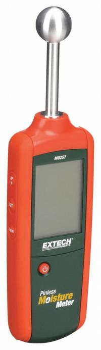 EXTECH Moisture Meter: Digital, LCD with Backlight, Pinless, Carrying Case, Wood, Ball Pinless (MPN MO257). Key specifications — Display Type: Digital; Probes Included: Ball Pinless; Features: Built-In Material Library; Compatible Material: Wood; Digital Display Screen Type: LCD with Backlight; Brand: EXTECH.