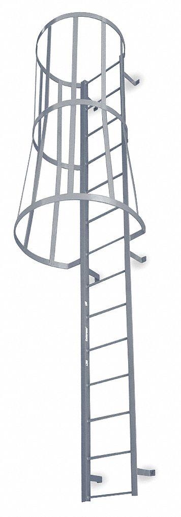 COTTERMAN Fixed Ladder with Safety Cage: 16 ft Overall Ht, 26 in Overall Wd, Steel - Safety Cage Fixed Ladders