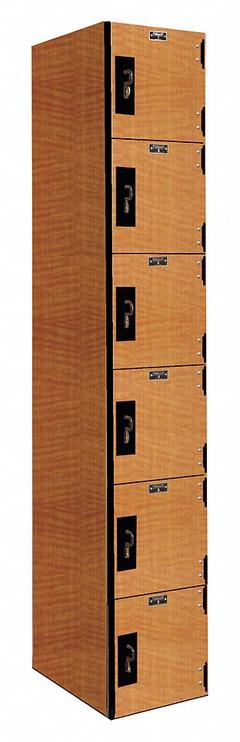 HALLOWELL Box Locker: 12 in x 18 in x 72 in, 6 Tiers, 1 Units Wide, Solid, Padlock Hasp, Light Wood (MPN PHL1282-6A-FA). Key specifications — Locker Color: Light Wood; Door Type: Solid; Includes Number Plates: Yes; Brand: HALLOWELL; Assembled: Assembled; Color Family: Wood.