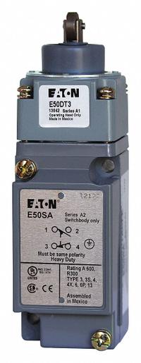 EATON Push Roller Plunger Limit Switch: Roller Plunger, Metallic, Momentary/Momentary, E50 (MPN E50BT3). Key specifications — attr1019632: EATON; attr1019639: Screw Terminals; attr1019655: Nylon; attr1023447: E50.