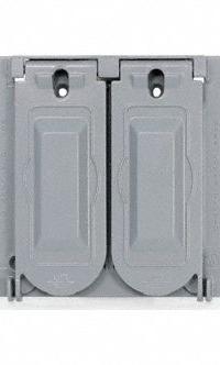 LEVITON Weatherproof Cover: Aluminum, GFCI, 2 Gangs, 4 3/4 in Overall Ht, 4 9/16 in Overall Wd, 3R (MPN WM2V-GY). Key specifications — Brand: LEVITON; Color: Gray; Compatible with Product Type: Single Receptacles; Compatible with Series: GFCI; Mounting Orientation: Vertical.