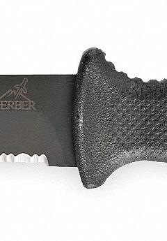 GERBER Fixed Blade Knife: Serrated, 9 3/4 in Overall Lg, Stainless Steel, Rubber, 4 3/4 in Blade Lg (MPN 22-41121). Key specifications — attr307498: Yes; attr307493: Rubber; attr307491: Stainless Steel; attr324881: GERBER.