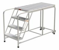 APPROVED VENDOR Mobile Work Platform: 3.3 ft Platform Ht - Max, 24 in x 49 in, Aluminum (MPN A009). Key specifications — Folding: Not Foldable; Mobility: Rolling; Use Location: Indoor; Brand: APPROVED VENDOR; Color: Silver; Height Adjustability: Fixed Height; Includes Handrails: Handrails Not Included; Locking Mechanism: No Locking Mechanism.