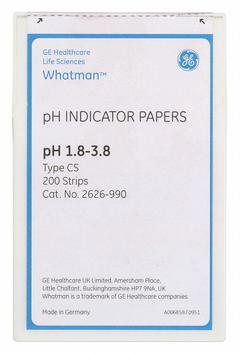 CYTIVA WHATMAN pH Indicator Test Strips: 1.8 pH to 3.8 pH, 0.2 pH Resolution, 4 in Overall Lg (MPN 2626-990). Key specifications — pH Resolution: 0.2 pH; Brand: CYTIVA WHATMAN.
