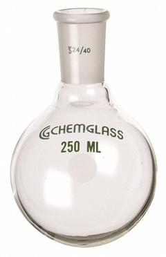 CHEMGLASS Boiling Flask: 250 mL, Colorless, Round, A, 29/42 Compatible with Stopper Size (MPN CG-1506-18). Key specifications — Shape: Round; Body Color: Colorless; Brand: CHEMGLASS; Compatible with Stopper Size: 29/42; USP Specification: Type I.