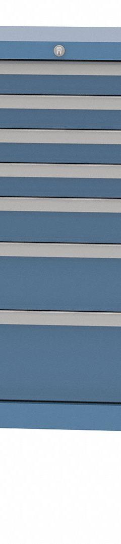 LISTA Modular Drawer Cabinet: 40 1/4 in x 22 1/2 in x 43 1/4 in, 7 Drawers, Tubular, Adj Dividers (MPN HS07-0701A-MBKABB). Key specifications — Cabinet Color: Bright Blue; Base Type: Casters; Drawer Inside Height: (4) 2 in; Drawer HxWxD: (4) 2 in x 36 in x 18 in; Work Surface Material: Steel; Drawer Handle Type: Tubular; Cabinet Material: Steel; Number of Compartments per Drawer: (1) 18.