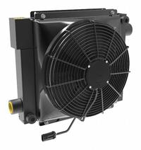 AKG Forced Air Oil Cooler: 30 hp Heat Removed, 50 gpm Max. Flow, 377 psi Max. Pressure, 12V DC (MPN D30-12-BP25). Key specifications — attr96059: SAE #20; attr96056: IP 68; attr96057: 12V DC; attr98919: AKG.