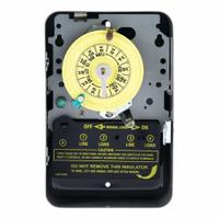 INTERMATIC Electromechanical Timer: 24 hr, 208-277V AC, DPST, Mechanical (MPN T104). Key specifications — Body Material: Metal; Indoor/Outdoor Usage: Indoor; Mounting Style: Surface; Brand: INTERMATIC.