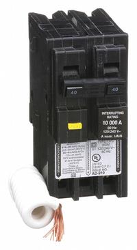 SQUARE D Miniature Circuit Breaker: 40 A, 120/240V AC, Single Phase, 10kA at 120/240V AC, 2 Poles (MPN HOM240GFI). Key specifications — Phase: Single; Amps: 40 A; AC Voltage Rating: 120/240V AC; Max. AIR Rating: 10kA at 120/240V AC; For Use With: Homeline Load Center; Brand: SQUARE D.
