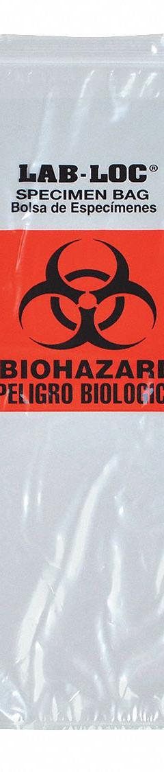 Specimen Transfer Bag: LDPE, Biohazard, 2 mil Thick, Clear, 20 in Overall Ht, Non-Sterile, 250 PK (MPN LABZ1420B). Key specifications — Brand: LK PACKAGING; Closure Type: Zipper; Product Type: Specimen Transfer Bag; Manufacturer Part Number: LABZ1420B; Color: Clear; Display Sell UOM: PK; Legend: Biohazard.