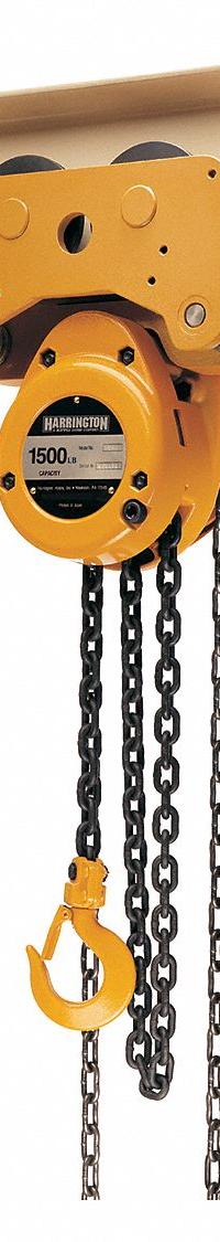HARRINGTON Manual Chain Hoist: Push Trolley, 1,000 lb Lifting Capacity, 10 ft Lift Lg (MPN NTH005-10). Key specifications — Brand: HARRINGTON; Lifting Hook Type: Hook with Safety Latch.