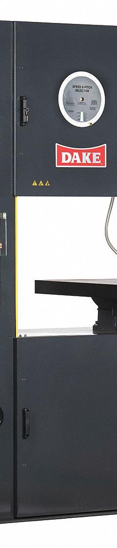 DAKE CORPORATION Band Saw: 26 in Throat Dp - Vertical, 50 to 5,000 SFPM, 0°, 20.0 A, 3 Phase (MPN 987031-2). Key specifications — attr325086: DAKE CORPORATION; attr313109: 0°; attr313108: 50 to 5,000 SFPM; attr313111: 3; attr313110: 20.0 A.