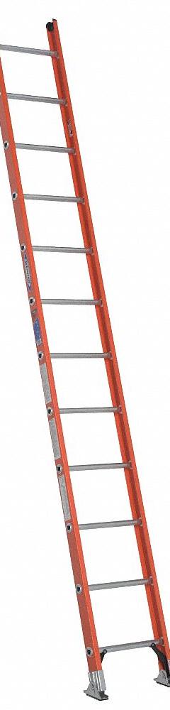 WERNER Straight Ladder: 12 ft Ladder Size, Fiberglass, 300 lb Load Capacity, 27 lb Wt, 12 Rungs (MPN D6212-1). Key specifications — Color: Orange; Brand: WERNER; Included Features: Mar-Resistant End Caps; Shoe Type: Slip-Resistant.