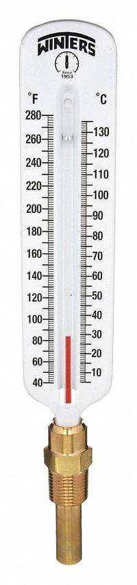 WINTERS Industrial Glass Thermometer: 40°F to 280°F /5°C to 135°C, +/-1% Accuracy, 2.525 in Stem Lg (MPN TSW172LF.). Key specifications — Thermometer Thread Type: NPT; Accuracy: +/-1%; Brand: WINTERS.