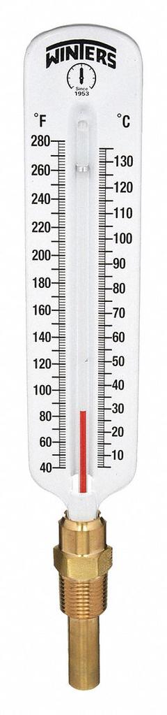 WINTERS Industrial Glass Thermometer: 40°F to 280°F /5°C to 135°C, +/-1% Accuracy, 2.525 in Stem Lg (MPN TSW172LF.). Key specifications — Thermometer Thread Type: NPT; Accuracy: +/-1%; Brand: WINTERS.