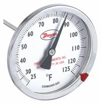 DWYER Clip On Dial Thermometer: 25°F to 125°F, +/- 2% Accuracy, 5 in Stem Lg, Fahrenheit (MPN CBT25031). Key specifications — Accuracy: +/- 2%; Brand: DWYER; Temperature Units: Fahrenheit.