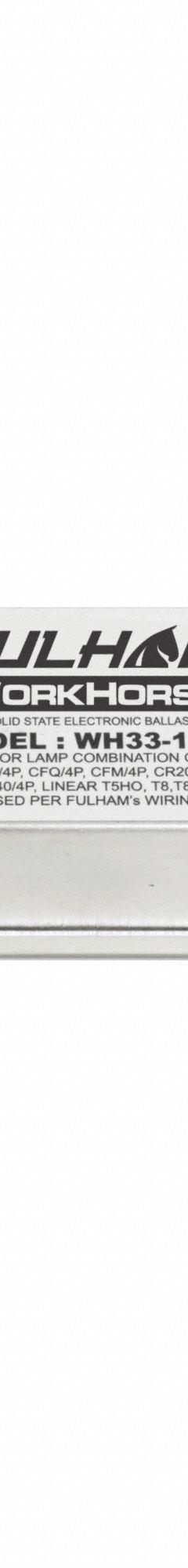 FULHAM Fluorescent Ballast: 120V AC, 1/2/3/4 Lamps Supported, 6 1/2 in Overall Lg (MPN WH33-120-L). Key specifications — attr1125022: (2, 3 or 4) F13DBX; attr239899: FULHAM; attr1125144: 2.