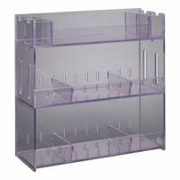 Lab Bulk Bin: 6 1/2 in Overall Wd, 18 3/8 in Overall Ht, 18 3/4 in Overall Lg, PETG, Clear, Benchtop (MPN BENCHTOP18). Key specifications — Material: PETG; Mounting Location: Benchtop; Color: Clear; Product Type: Multi Organizer; Total Holding Capacity: (3) Levels for Misc Lab Supplies; Brand: POLTEX.