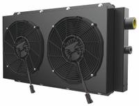 AKG Forced Air Oil Cooler: 60 hp Heat Removed, 80 gpm Max. Flow, 250 psi Max. Pressure, 24V DC (MPN DCSB45-24-BP65-3). Key specifications — attr96059: SAE #20; attr96056: IP 68; attr96057: 24V DC; attr98919: AKG.