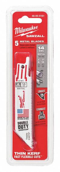 MILWAUKEE Reciprocating Saw Blade: 14 Teeth per Inch, 4 in Blade Lg, 0.04 in Blade Thick, 5 PK (MPN 48-00-5181). Key specifications — attr1109198: 14; attr1109200: Flexible for Curved Cuts; attr1109201: Straight; attr1109209: MILWAUKEE.