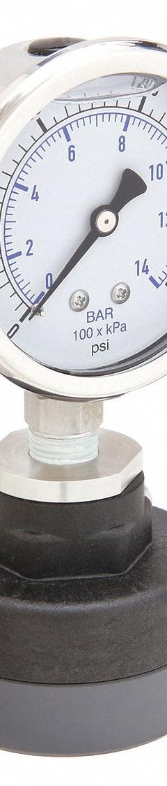 KODIAK Pressure Gauge with Diaphragm Seal: 0 psi to 200 psi, KC301, 2 1/2 in Dial, PTFE, PVC, Bottom (MPN KC301L25200/PLDS-PVC-T11). Key specifications — Brand: KODIAK; Gauge Case Liquid: Glycerin; Seal Fill Liquid: Mineral Oil; Gauge Case Material: 304 Stainless Steel; Seal Lower Housing Material: PVC; Accuracy: ±1.60%; Gauge Wetted Parts: Stainless Steel.