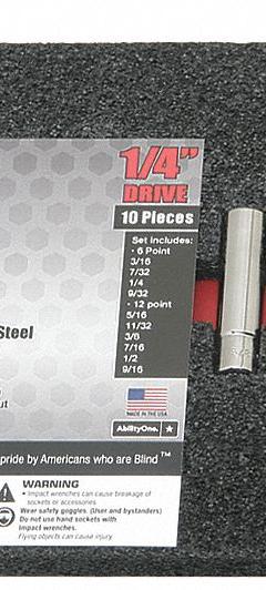 ABILITY ONE Socket Set: 1/4 in Drive, 10 Piece, 12-Point/6-Point, SAE, 3/16 in to 9/16 in (MPN 5120-01-429-3625). Key specifications — attr1224269: 1/4 in; attr1204685: Tether Ready; attr1204650: 3/16 in to 9/16 in; attr1204673: Socket Bits Not Included; attr1204688: ABILITY ONE; attr1206170: Deep Sockets.