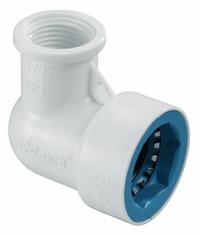 HYDRORAIN Elbow: 3/4" Push x 1/2" FPT, ABS Plastic, 150 psi Max Working Pressure, 1.75 in Wd (MPN 07775). Key specifications — Connection: 3/4" Push x 1/2" FPT; Material: ABS Plastic; Product Type: Elbow.