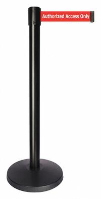 QUEUEWAY Barrier Post with Belt: Red, No Pattern, Authorized Access Only, 10 ft Belt Lg, Black (MPN QPLUS-33-RA). Key specifications — attr981468: ABS; attr981465: Red; attr981461: QUEUEWAY; attr981440: Metal Alloy; attr981443: Black; attr981449: Authorized Access Only; attr981448: White.