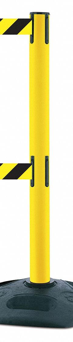 TENSABARRIER Barrier Post with Belt: Black/Yellow, Chevron, No Legend, 7 1/2 ft Belt Lg, Yellow (MPN 886T2-35-STD-NO-D4X-C). Key specifications — Base Material: Rubber; Belt Color: Black/Yellow; Brand: TENSABARRIER; Post Material: Plastic; Post Color: Yellow; Message: No Legend.