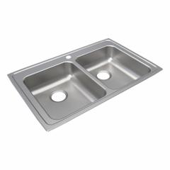 JUST MANUFACTURING Drop-In Sink: 33 in Overall Lg, 21 1/4 in Overall Wd, 5 in Bowl Dp, 2 Bowls (MPN DLADA2133A504-J). Key specifications — Brand: JUST MANUFACTURING; Color Family: Silver/Gray.