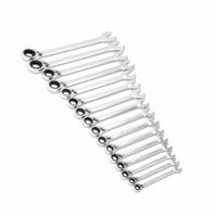 GEARWRENCH Combination Ratcheting Wrench Set: Alloy Steel, Full Polish Chrome, 16 Tools, Std, Metric (MPN 9602N). Key specifications — attr309581: Full Polish Chrome; attr309580: Alloy Steel; attr309571: No; attr309583: No; attr309587: Yes; attr324931: GEARWRENCH.