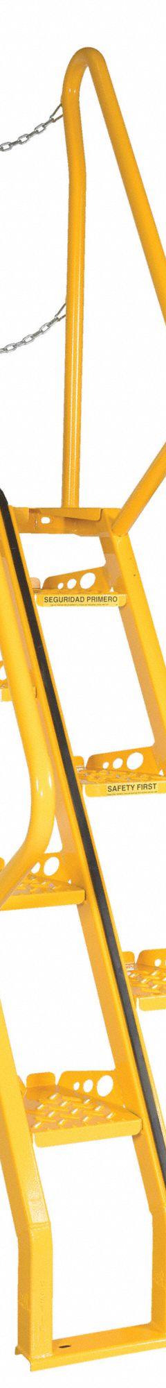 VESTIL Alternating Tread Stairs: 8.5 ft Overall Ht, Steel, 350 lb Load Capacity, Perforated, 8 Steps (MPN ATS-5-56). Key specifications — Color: Yellow; Brand: VESTIL.