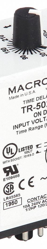 MACROMATIC Single Function Time Delay Relay: Socket Mounted, 240V AC, 10 A, 8 Pins/Terminals (MPN TR-50226-12). Key specifications — Brand: MACROMATIC.