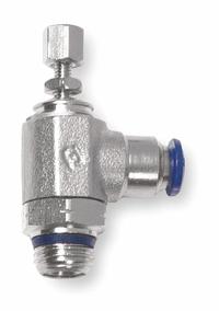 AIGNEP USA Universal Flow Control: Elbow Fitting, Knob, 3/8 in Valve Body Size, 1/2 in Tube (MPN 88958-08-06). Key specifications — attr947203: Stainless Steel; attr947205: AIGNEP USA.