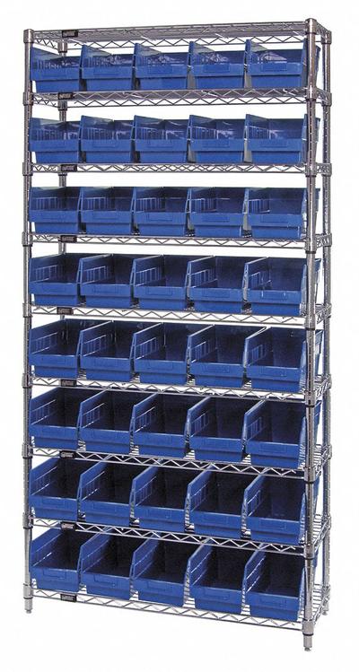 QUANTUM STORAGE SYSTEMS Bin Shelving: 36 in x 18 in x 74 in, 1 Sided, 40 Bins, Open, Shelf Bin - Wire Stationary Bin Shelving with Open-Front Bins