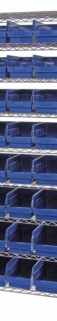 QUANTUM STORAGE SYSTEMS Bin Shelving: 36 in x 18 in x 74 in, 1 Sided, 40 Bins, Open, Shelf Bin, Blue (MPN WR9-204BL). Key specifications — Includes Bins: Yes; Bin Material: Polypropylene; Frame Color: Silver; Bin HxWxD: (40) 6 in x 6-5/8 in x 17-7/8 in; Frame Material: Steel; Bin Color: Blue; Bin Style: Shelf; Brand: QUANTUM STORAGE SYSTEMS.