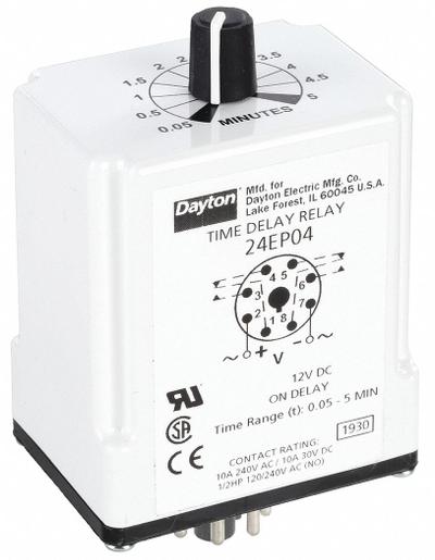 Dayton Single Function Time Delay Relay: Socket Mounted, 12V DC, 10 A, 8 Pins/Terminals - Socket-Mounted Relays