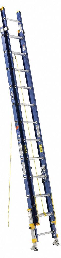 WERNER Extension Ladder: 24 ft Ladder Size, Fiberglass, 300 lb Load Capacity, 62 lb Wt, 2 Sections (MPN D8224-2EQ). Key specifications — Color: Blue; Brand: WERNER; Included Features: Mar-Resistant End Caps; Removable Fly: Removable.