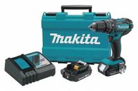 MAKITA Hammer Drill Kit: 18V DC, Compact, 1/2 in Chuck, 1/2 in Concrete Capacity, 2 Speeds, 40 ft-lb (MPN XPH10R). Key specifications — attr1256163: 2; attr1256171: (2) 2.0 Ah; attr1256172: No; attr1256187: 21 + Hammer.