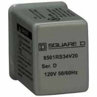 SCHNEIDER Hermetically Sealed Relay: Socket Mounted, 5 A Current Rating, 120V AC, 4PDT, G Socket (MPN 8501RS34V20). Key specifications — Brand: SCHNEIDER; Base Type: Square; Mounting Style: Socket; Pin Shape: Flat; Electrical Connection: Quick-Connect; Manufacturer Part Number: 8501RS34V20; Series: Square D 8501R Miniature Control Series.