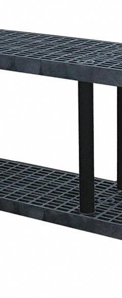 STRUCTURAL PLASTICS Plastic Shelving: 96 in x 16 in, 27 in Overall Ht, 2 Shelves (MPN S9616B). Key specifications — Resistance Properties: Corrosion-Resistant; Frame Material: Plastic; Shelving Material: High Density Polyethylene; Brand: STRUCTURAL PLASTICS.