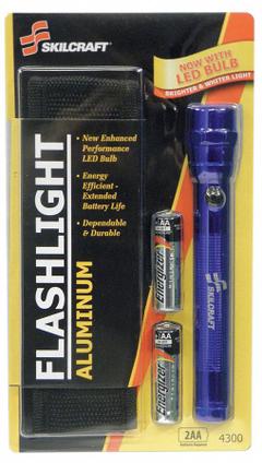 ABILITY ONE Flashlight: 60 lm, 1.5 hr Run Time at Max. Brightness, 1 Light Output, Blue, 2 Batteries (MPN 6230-01-513-4300). Key specifications — Brand: ABILITY ONE; Battery Requirements - Broad: Includes 2 AA.
