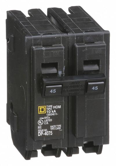 SQUARE D Miniature Circuit Breaker: 45 A, 120/240V AC, Single Phase, 10kA at 120/240V AC - HOM Series, Plug-In Square D Miniature Circuit Breakers