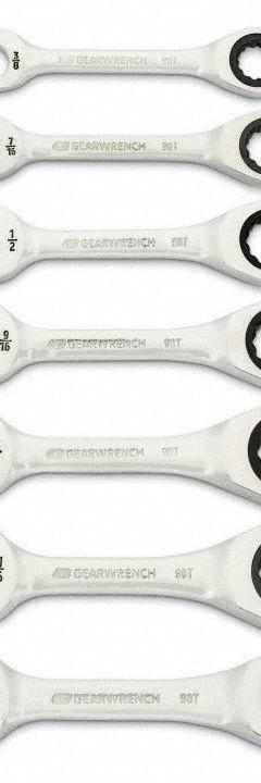 GEARWRENCH Combination Wrench Set: Alloy Steel, Full Polish Chrome, 7 Tools, Std (MPN 86858). Key specifications — attr309581: Full Polish Chrome; attr309580: Alloy Steel; attr309571: No; attr309583: No; attr309587: Yes; attr324931: GEARWRENCH; attr309569: 3/8 in to 3/4 in.
