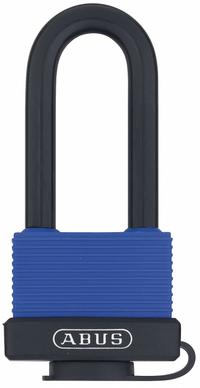 ABUS Padlock: Brass, Unfinished, Blue, Long Shackle, Stainless Steel, 2 1/2 in Vert Clearance (MPN 70IBHB/45 MK KD). Key specifications — attr1312298: Waterproof Brass 70; attr1312306: 65402 70IB/45; attr1312342: Yes; attr1312346: ABUS.