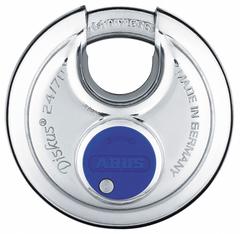 ABUS Padlock: Stainless Steel, Unfinished, Silver, Covered Shackle, Stainless Steel, Diskus 24IB (MPN 24IB/70 MK KD). Key specifications — attr1312298: Diskus 24IB; attr1312306: 238; attr1312342: No; attr1312346: ABUS.