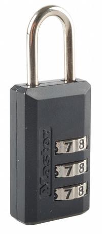 MASTER LOCK Combination Padlock: Scrolling Combo, Black, Zinc Die-Cast, Std Shackle, Steel Shackle (MPN 646T). Key specifications — Dial Color: Silver; Brand: MASTER LOCK.