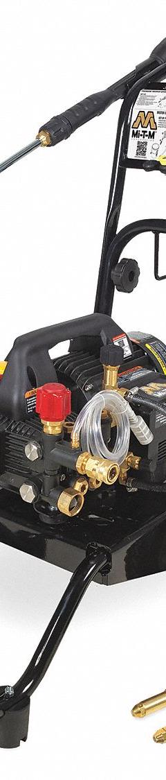 MI-T-M Electric Pressure Washer: Cart, 120 V – Single-Phase, 1,400 psi, 1.5 gpm, 1 1/2 hp (MPN CM-1400-0MEC-M). Key specifications — Pump Drive: Direct; Brand: MI-T-M; Water Intake: Cold Water Only.