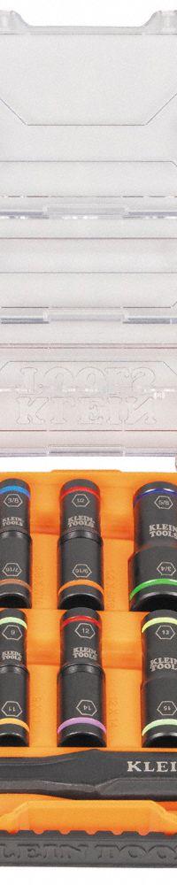 KLEIN TOOLS: 1/4 in, 3/8 in Drive Size, 1/4 to 1 in/8 to 19 mm Socket Size, 18 Pieces, (12) 6-Point (MPN 65626). Key specifications — attr1204251: KLEIN TOOLS; attr1215453: 1/4 in, 3/8 in; attr1215454: 8 mm to 19 mm.